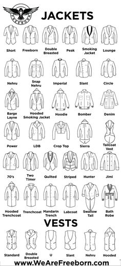 the types and sizes of jackets for men in different styles, from front to back