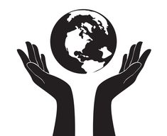 two hands holding the earth in their palms, black and white illustration stock photo