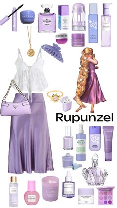 a woman's purple outfit and accessories are arranged in the shape of a collage