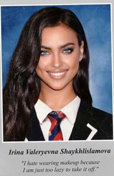 an image of a young woman wearing a suit and tie with words written on it