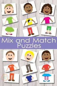 the mix and match puzzles game is shown with pictures of children's faces on them