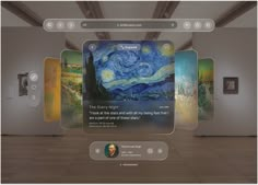 an interactive art exhibit with multiple paintings on the wall and in the background, there is a video screen showing what appears to be van goghe