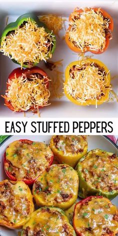 stuffed bell peppers with cheese on top and in the middle, before and after they have been cooked