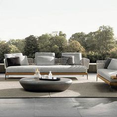 a living room filled with lots of furniture on top of a carpeted floor next to trees