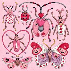 some very cute bugs and hearts on a pink background