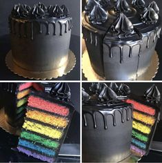 four different pictures of a cake with chocolate icing and rainbow frosting on it