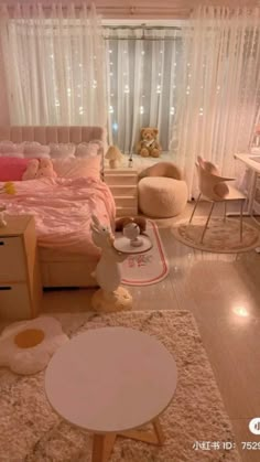 a bedroom with white curtains and pink bedding