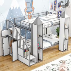 Metal Twin Over Twin Castle-Shaped Bunk Bed With Wardrobe And Multiple Storage Bunk Bed With Wardrobe, Boys Loft Beds, Unique Bunk Beds, White Kids Bed, Castle Beds, Bunk Bed With Stairs, Kids Beds For Boys, Twin Size Beds, Bed With Stairs