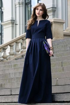 Formal Blue Pleated Dress, Formal Blue Dress With Pleated Back, Blue Workwear Dress With Pleated Bodice, Blue Short Sleeve Pleated Maxi Dress, Blue A-line Pleated Dress For Formal Occasions, Formal Blue A-line Pleated Dress, Elegant Blue Dress With Box Pleat, Gaun Koktail, Gaun Fashion