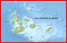 a map of galaagos islands with the name and location in red on it