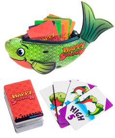 a card game with fish and cards in the shape of an envelope, which reads happy birthday