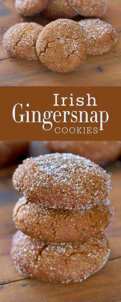 three cookies stacked on top of each other with the words, irish ginger snap cookies