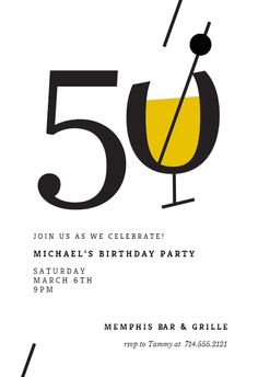 the 50th birthday party is set up in black and white with a wine glass on it