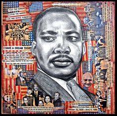 a drawing of martin luther king in front of an american flag and many other images