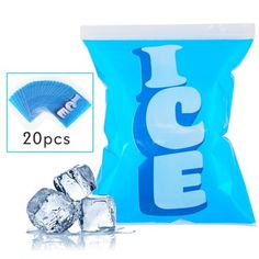 an ice bag with two pieces of ice next to it