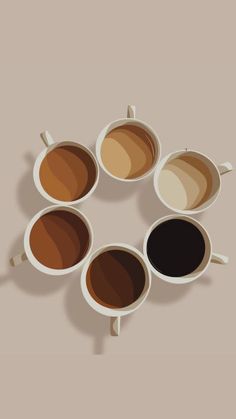 six cups of coffee are arranged in a circle