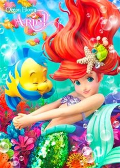 the little mermaid is sitting on top of an ocean floor with bubbles and fish around her