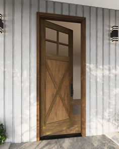 an open wooden door on the side of a white building with striped walls and potted plants