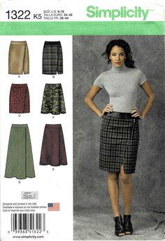 Simplicity 1322 Sewing Pattern - Misses' Mock Wrap Slim Skirt in Two Lengths and Mock Wrap Flared Skirt in Three Lengths Size: 8 - 10 - 12 - 14 - 16 Bust: 31 1/2 - 32 1/2 - 34 - 36 - 38 Waist: 24 - 25 - 26 1/2 - 28 - 30 Hip: 33 1/2 - 34 1/2 - 36 - 38 - 40 Copyright: 2014 Pattern is: Uncut, factory folded Envelope condition: Good NOTE: This is the original pattern, not a PDF or a reproduction. Not your size....Here is a link that shows you to resize a pattern... http://sensibility.com/blog/tips/h Straight Skirt Pattern, My Size Barbie, Flared Skirt Pattern, Wrap Skirt Pattern, Flamboyant Gamine, Flared Skirts, Spring 2015 Fashion, 2015 Fashion Trends, Skirt Patterns Sewing