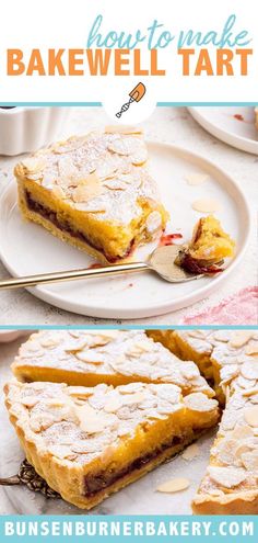 a collage of photos showing how to make bakewell tart for dessert