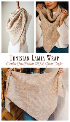 an image of a woman holding up a shawl with text that reads, turkish lamaa wrap crochet free pattern and your crafts