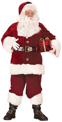 a man dressed as santa claus holding a present