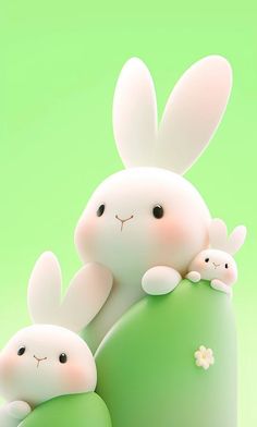 two white rabbits are sitting on top of a green pillow with their babies in it