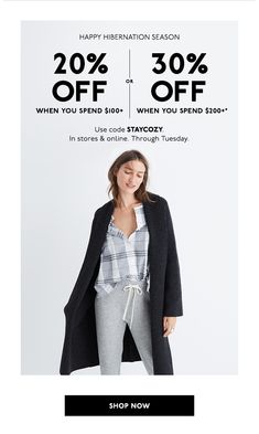 a woman in grey pants and black coat with the text happy international season 30 % off when