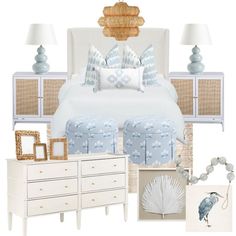 a bedroom with white furniture and blue accents