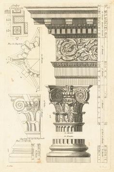 an old architectural drawing shows the details of a column and its design, as well as other drawings