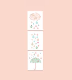 three pictures with flowers and umbrellas on them, one is pink the other is green