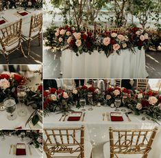 the tables are decorated with flowers and greenery for an elegant wedding reception in red, white and gold