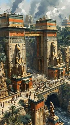 an artist's rendering of the ancient city of egypt, with egyptian architecture and statues