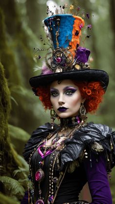 a woman with red hair wearing a black top hat and purple gloves in the woods