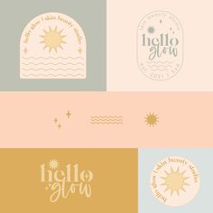 the logos for hello glow are shown in three different colors and font styles, each with an