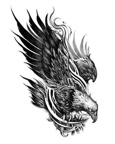 a black and white drawing of an eagle with wings on it's back side