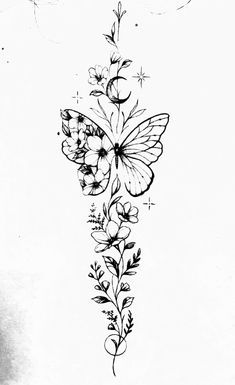 a black and white drawing of flowers with butterflies flying around the flower stems on top of them