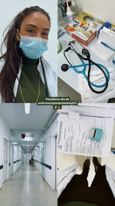 a woman wearing a face mask and stethoscope next to medical supplies on the floor