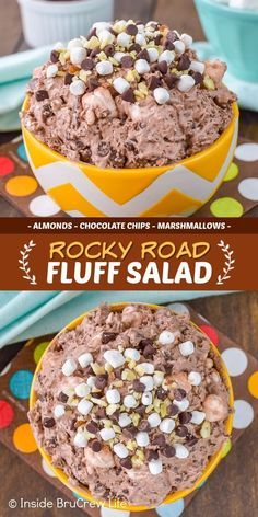 this rocky road fluff salad is loaded with chocolate chips and marshmallows