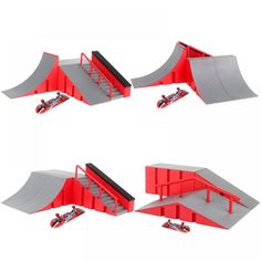 the skateboard ramps are red and grey