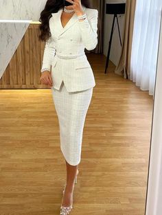 Regular Fit Lapel Collar Long Sleeve Plain Elegant Jacket | stylewe Elegant Jacket, Professional Outfits Women, Business Outfits Women, White Suit, Stylish Work Attire, Elegant Dresses Classy, Woman Suit Fashion, Classy Dress Outfits, Classy Work Outfits