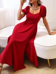 Puff Sleeve Sweetheart Neck Split Thigh Dress | SHEIN USA Dress Elegant Short, Split Thigh Dress, Worship Team, Sleeves Ideas, Square Neck Dress, Chinese Wedding, Split Dress, Women Maxi, Puffed Sleeves Dress