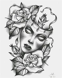 a black and white drawing of a woman's face with roses around her neck