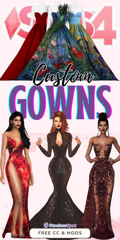 three women in evening gowns and dresses with the words fashion gowns below them