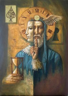 a painting of a man holding an hourglass in front of his face and looking at the clock