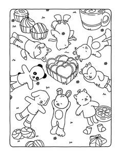 a black and white coloring page with many cartoon animals in the background, including an animal basket