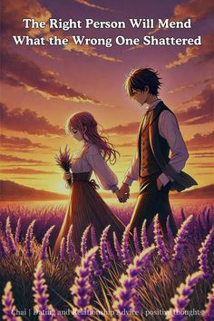 an image of two people standing in the middle of a field with lavenders and sunset behind them