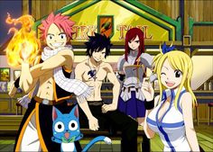 the cast of fairy tail sitting on a bench in front of a building with fire