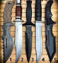 five different types of knifes are displayed on a wooden surface with numbers below them