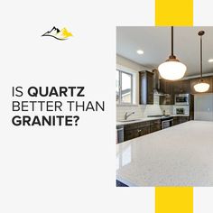 an image of a kitchen with granite countertops and lights above it that says is quartz better than granite?